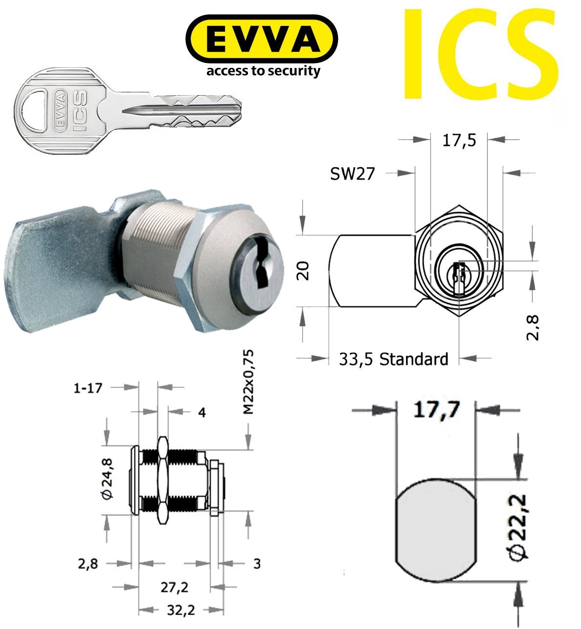 EVVA ICS MB19 Camlock high security with 2 keys
