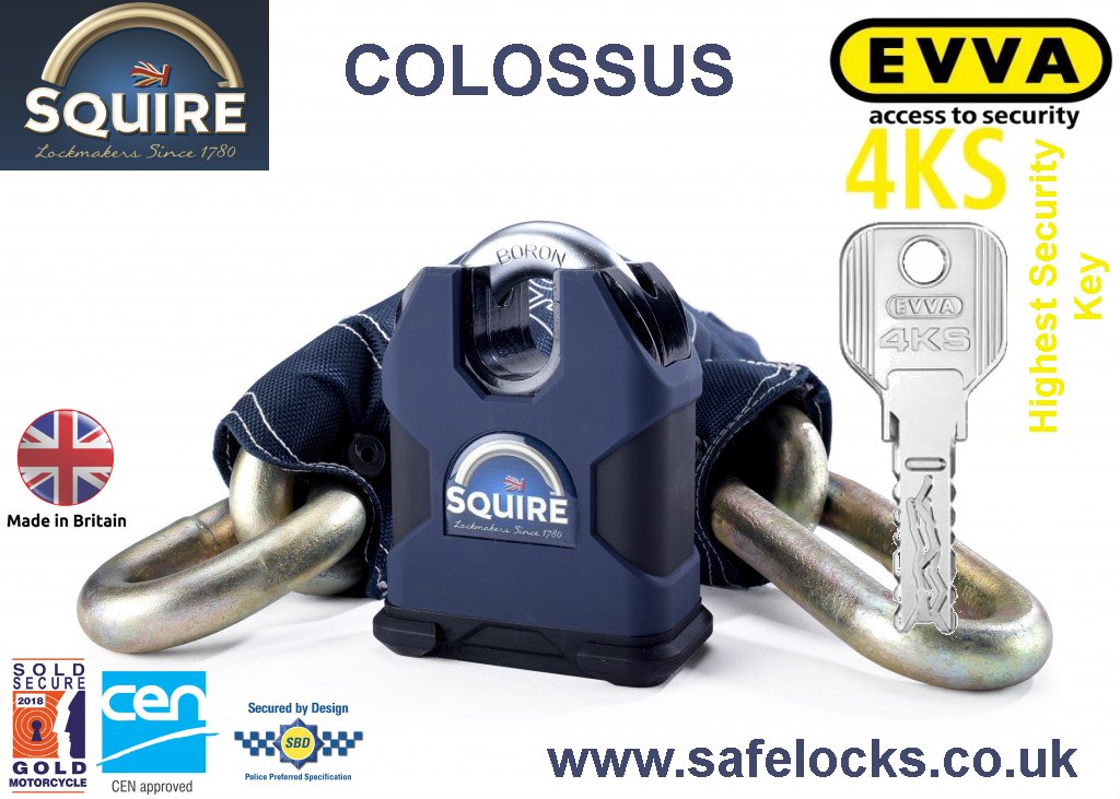 Squire Colossus high secuirty Evva 4KS keys Sold Secure Gold padlock and chain 