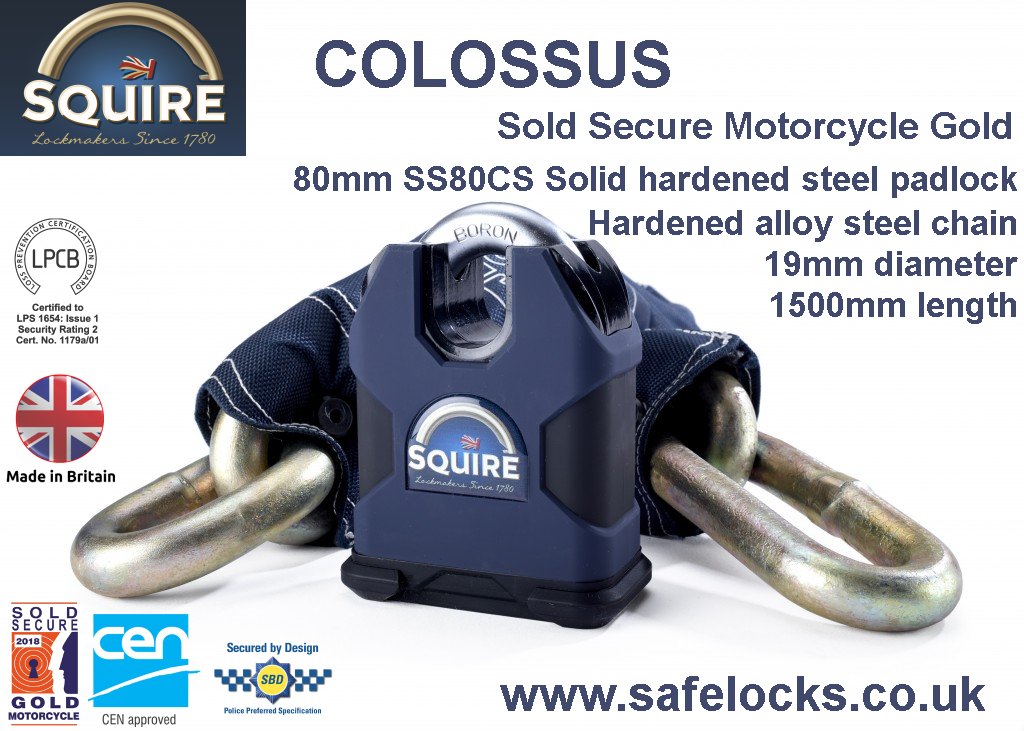 Squire Colossus Sold Secure Motorcycle Gold padlock and chain set