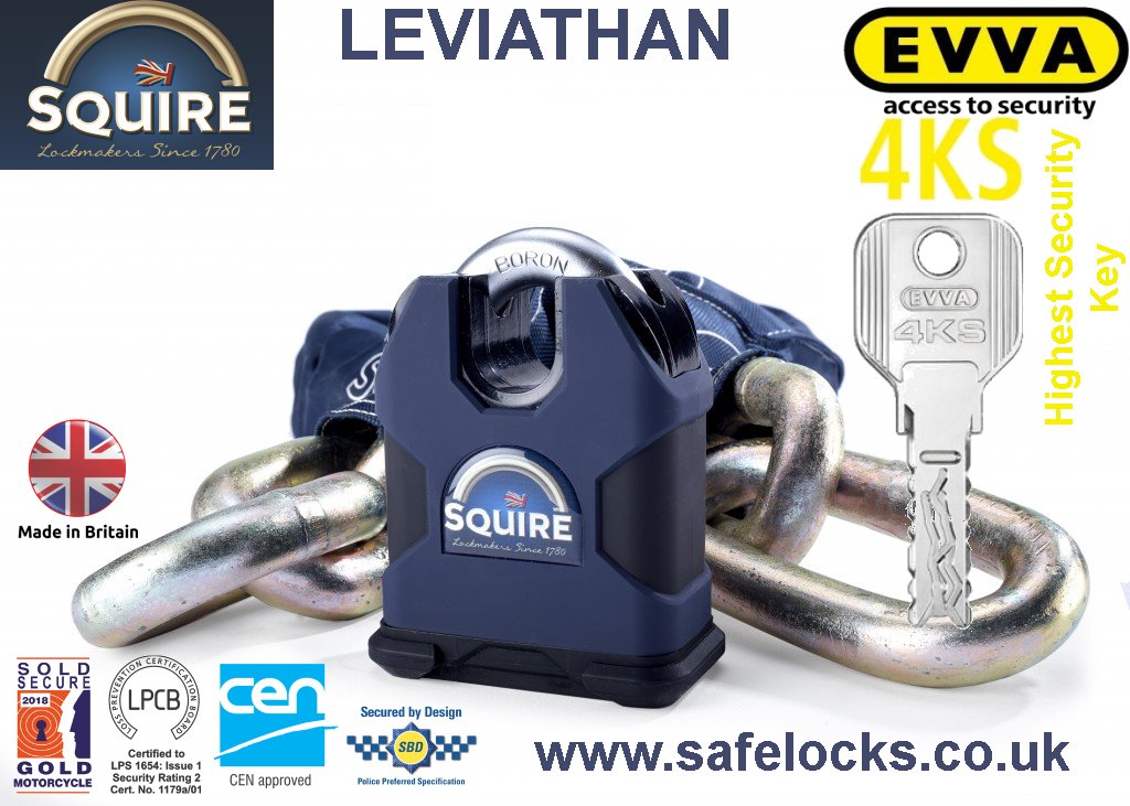 Squire Leviathan high secuirty Evva 4KS keys Sold Secure Gold padlock and chain 