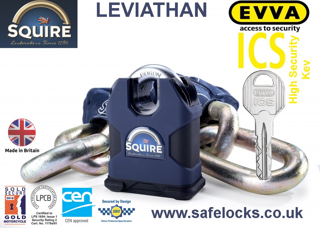 Squire Leviathan high secuirty Evva ICS keys Sold Secure Gold padlock and chain 