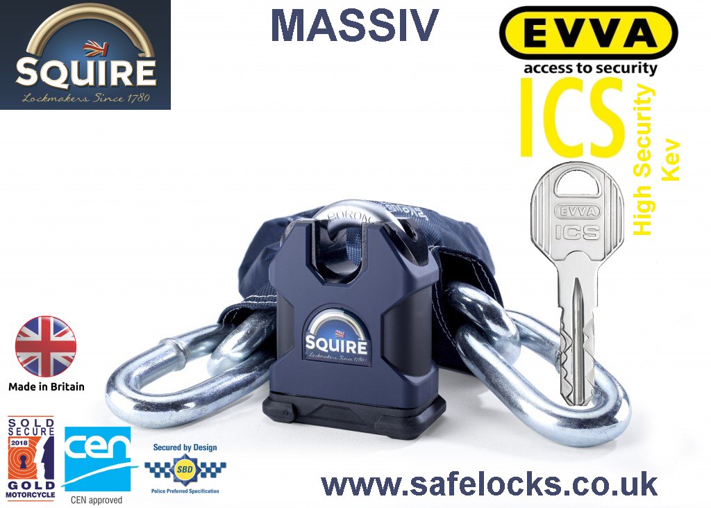 Squire Massiv padlock and chain set with high secuirty Evva ICS keys