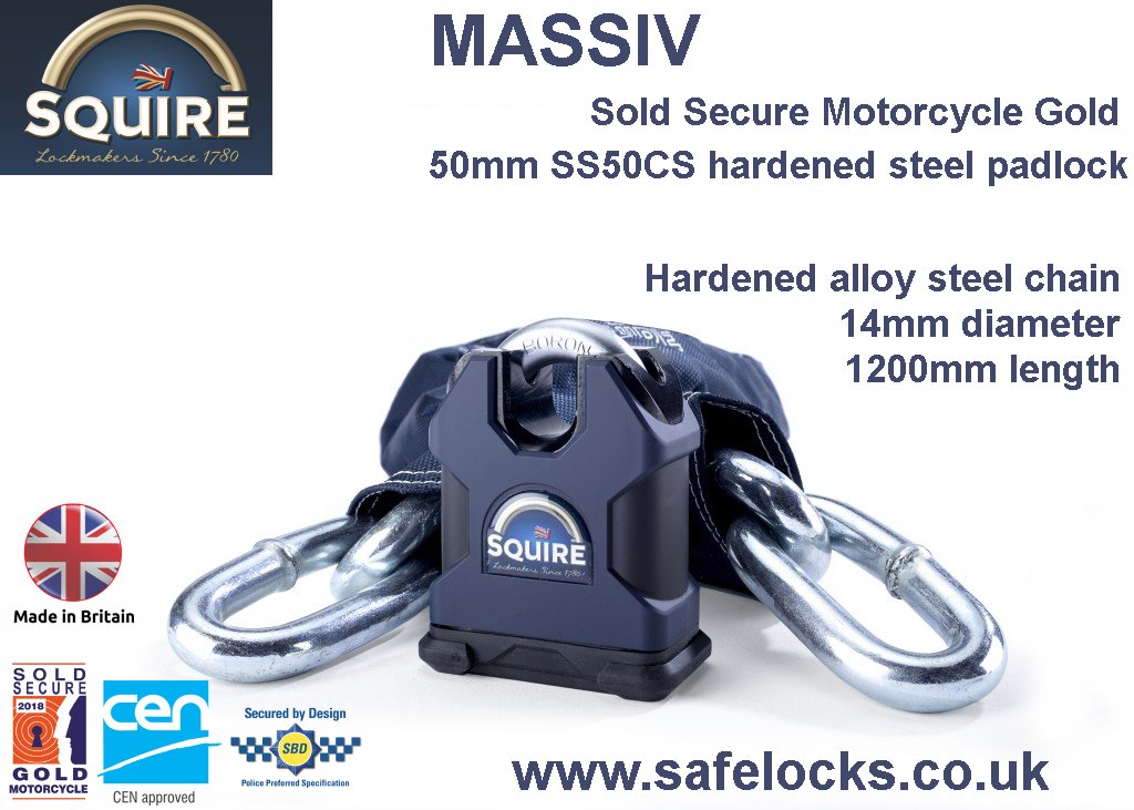 Squire Massiv Sold Secure Motorcycle Gold padlock and chain set