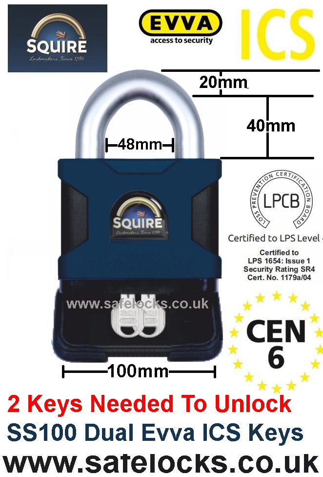 Squire SS100S dual key LPCB Level SR4 CEN 6 rated  padlockwith high security Evva ICS patented key 