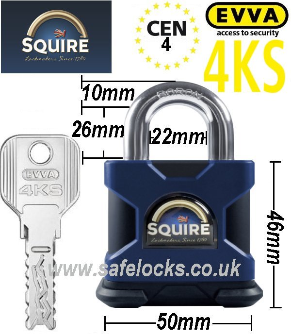 Squire SS50S CEN 4 rated high security padlock with Evva 4KS patented key
