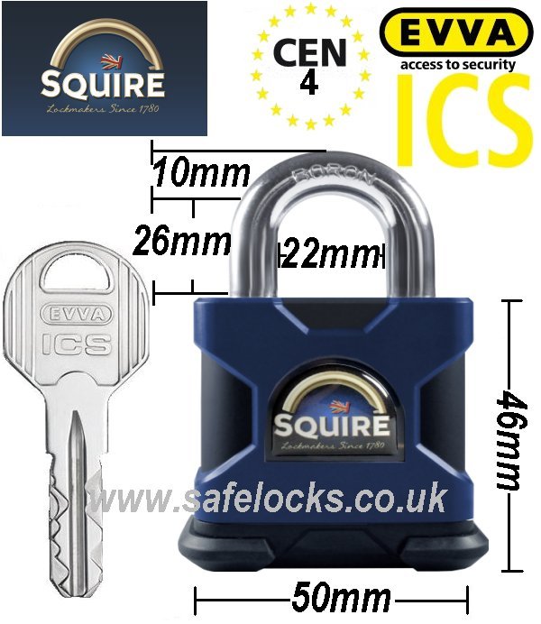 Squire SS50S CEN 4 rated high security padlock with Evva ICS patented key 