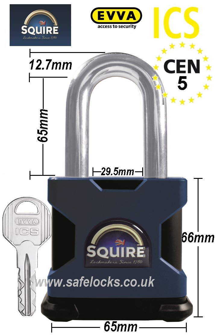 Squire SS65S/2.5 Long Shackle CEN 5 rated high security padlock with Evva ICS patented key 