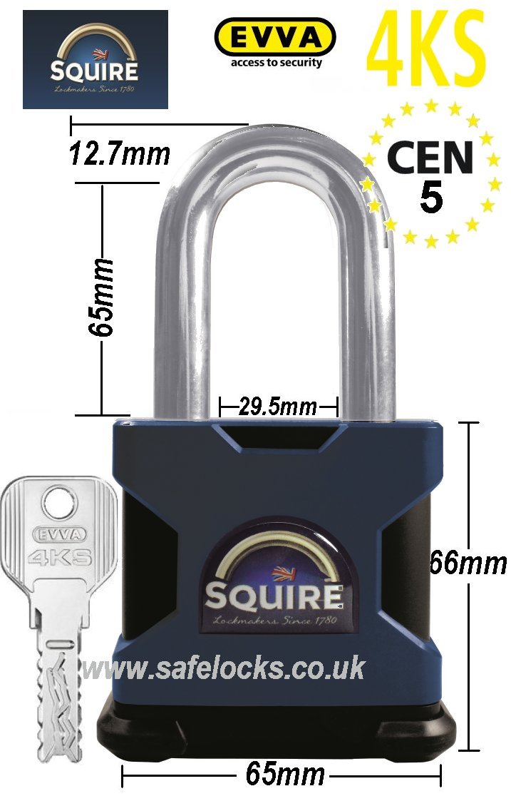 Squire SS65S/2.5 Long Shackle CEN 5 rated high security padlock with Evva 4KS patented key 