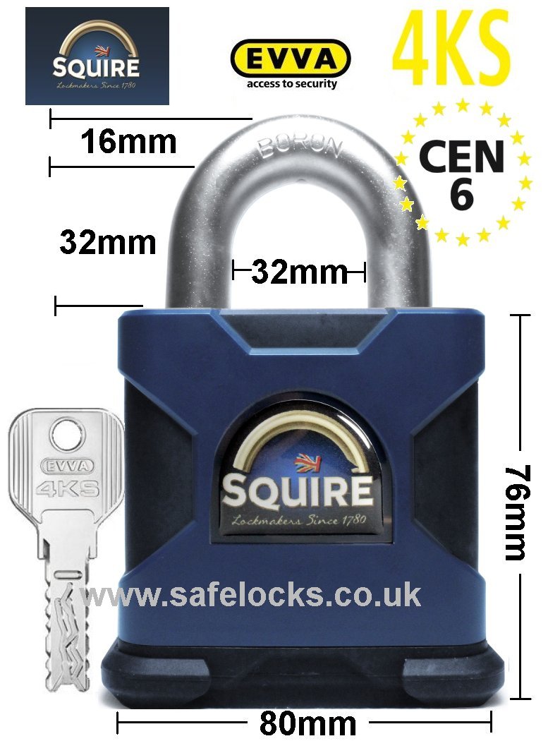 Squire SS80S CEN 6 rated high security padlock with Evva 4KS patented key 